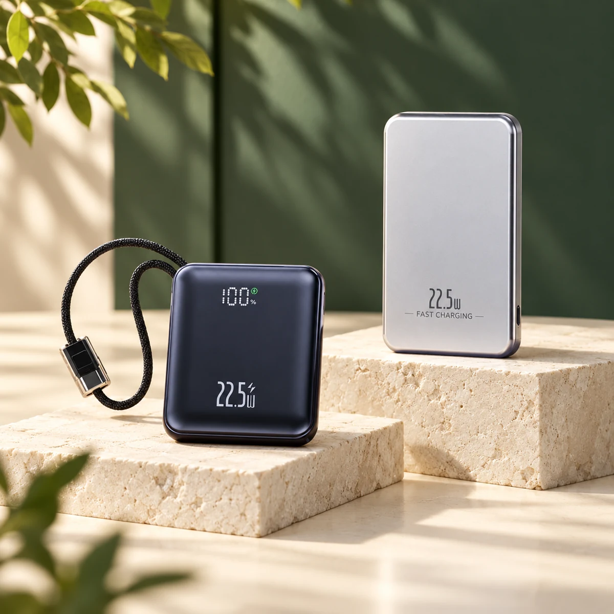 Custom Electronic Gifts Singapore | GiftPro 1 Styled scene of a cable power bank and a silver power bank on warm stone plinths